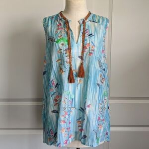 Aratta Sleeveless Top Neck Tie Closure Tassel Lightweight Floral Blue XL NWT